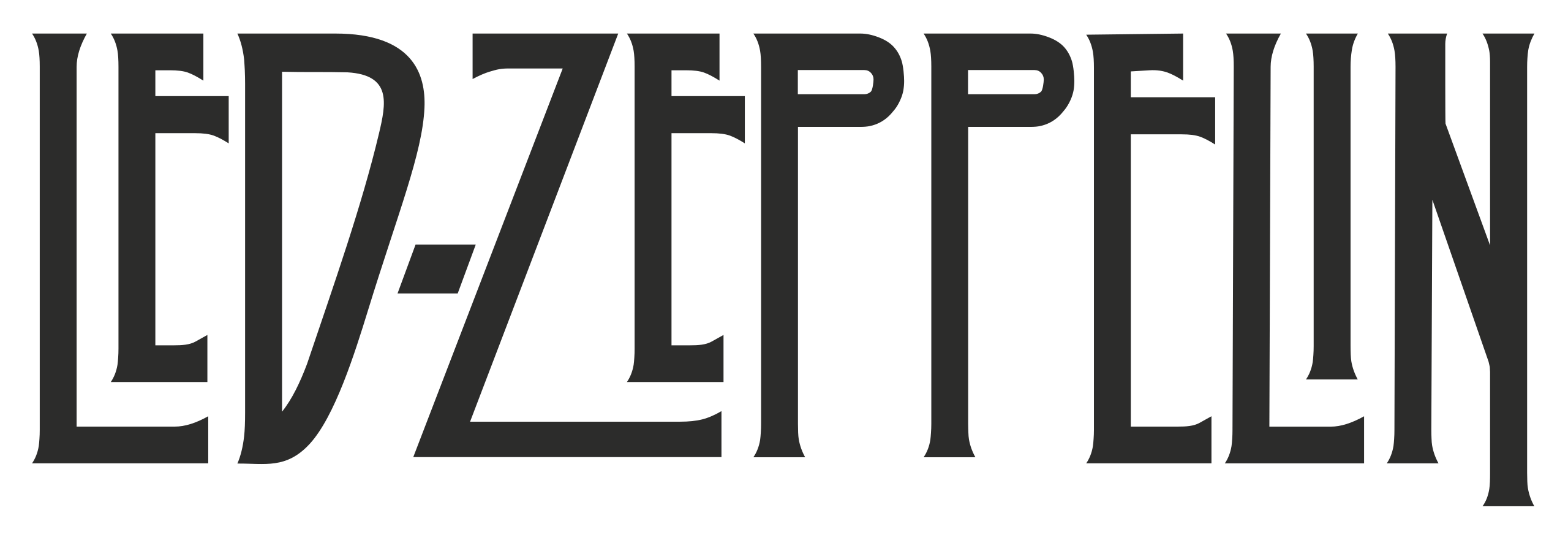 Logo Led Zeppelin blanc sur fond noir, typographie iconique, visuel promotionnel