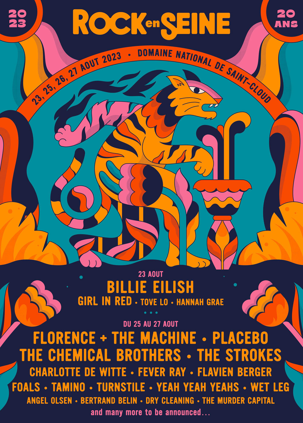 Affiche du festival Rock en Seine 2014, avec Placebo en tête d'affiche, jeu de formes géométriques et palette de couleurs vibrantes