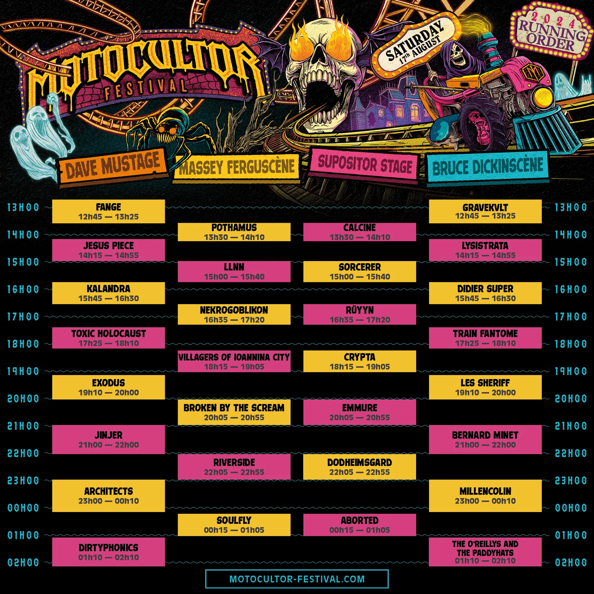 Motocultor : le guide du festival metal breton Vue rapprochée sur scène du Motocultor 2024, musiciens en pleine performance, éclairages intenses, public enthousiaste