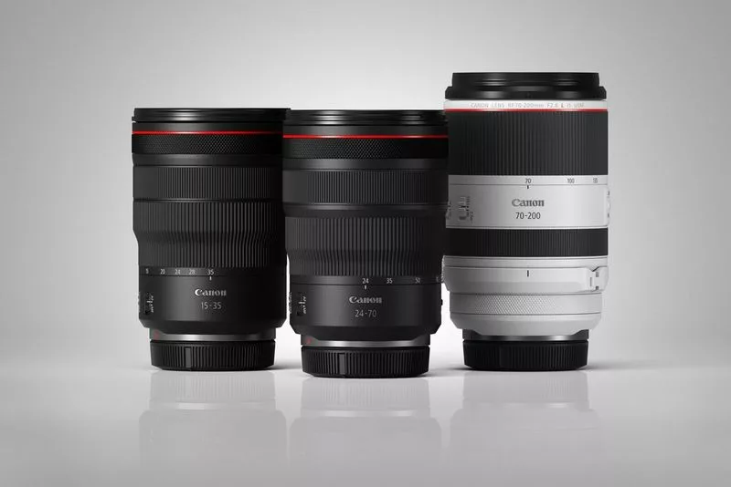 Sélection d'objectifs Canon EF et EF-S compatibles avec l'EOS 2000D posés sur fond gris