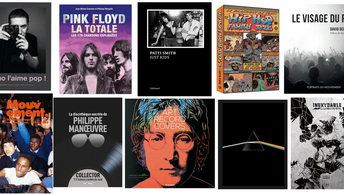 Sélection de livres photo musique ouverts sur des images de concerts et d'artistes rock