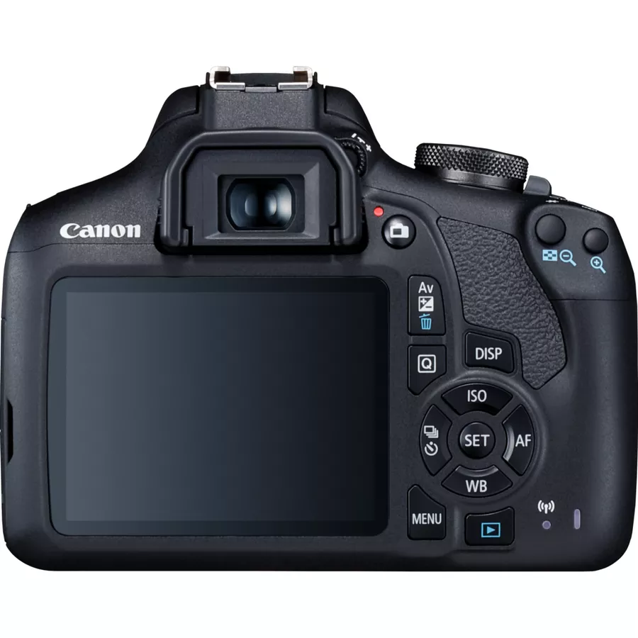Canon EOS 2000D vu de dos, écran LCD fixe 3 pouces allumé et boutons de menu