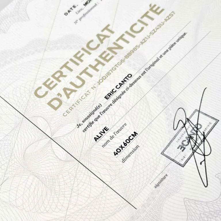 Certificat d'authenticité signé par Eric CANTO, remis avec chaque tirage numéroté